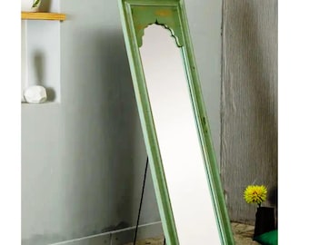 Wooden Carved Green Floor Mirror | Full-Length Arch Mirror | Rustic Indian Wall Decor | Boho Home Decor Floor mirror Arch design