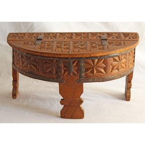 Hand Carved Wooden Dowry Box | Vintage Indian Storage Chest | Decorative Bajot Table | Ethnic Ritual Box | Antique Style Wooden Décor