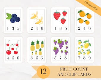 Count and Clip Fruit Cards for Counting Montessori Flashcards for Children Learn to Count Pre-School Cards for Kids Educational Cards Fruits