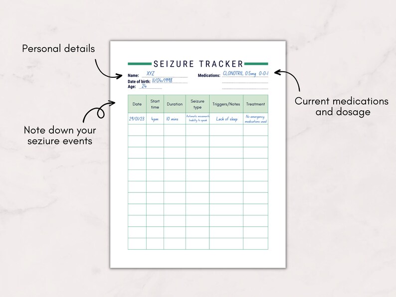 Seizure Tracker for Epilepsy Printable Health Log Neurology Etsy