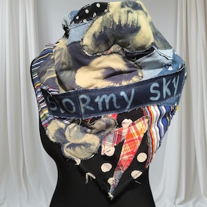 Stormy Sky Men’s Denim Patchwork Scarf – Handmade Upcycled Rock / Biker / Urban Art że
