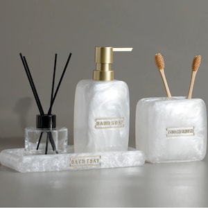 Bathroom Accessories | White Pearl Look Bathroom  | Vanity Countertop Accessory Set |Soap Dispenser |Toothbrush Holder Set |Tray