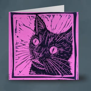 Kiki - black cat on pink lino print - 148mm square blank greetings card