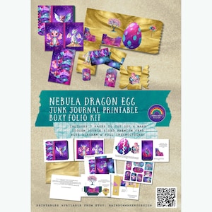 May include: A collection of printable junk journal kit elements featuring a nebula dragon egg theme. Includes journal pages, dragon illustrations, and a boxy folio kit. The kit includes 7 pages to cut out and make, 200gsm double sided premium card, plus diagram and full instructions.