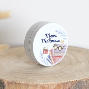 Boîte Personnalisée | Cadeau original Maîtresse | Boîte Ronde Métal à Bonbons | Merci Maîtresse / Maître | Motif Écolier