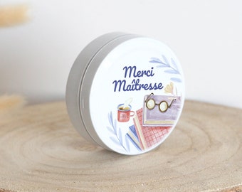 Boîte Personnalisée | Cadeau original Maîtresse | Boîte Ronde Métal à Bonbons | Merci Maîtresse / Maître | Motif Écolier