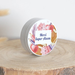 Caja personalizada | Regalo original ATSEM | Caja de dulces redonda de metal | Gracias Súper ATSEM | Patrón de niño de escuela