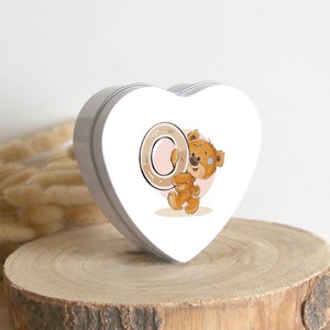Boîte Personnalisée | Cadeau original personnalisé Enfant | Boîte Cœur Métal | Alphabet | Motif Ourson | Lettre O