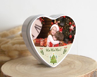 Boîte Personnalisée Photo | Cadeau original personnalisé Noël | Boîte Cœur en Métal | Joyeux Noël | Cadeau de Noël Motif Sapin