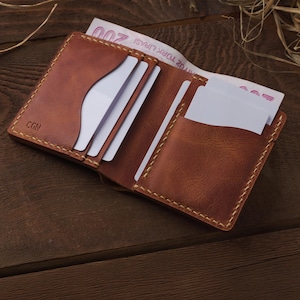 Cartera de piel Crazy Horse hecha a mano – Cartera plegable personalizada – Cartera minimalista fina para hombre y mujer – Regalo de piel con grabado personalizado