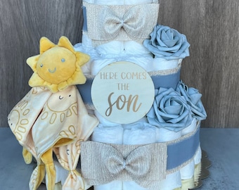 Here Comes The Son Diaper Cake Baby Shower Gift Baby Boy Gift Baby Shower Centerpiece Baby Shower Decor Here Comes The Son Baby Shower