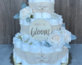 Baby in Bloom Diaper Cake Baby Shower Gift Gender Neutral Gift Baby Shower Centerpiece Baby Shower Decor Bloom Baby Shower Diaper Cake