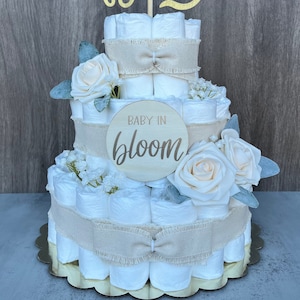 Pastel de pañales Baby in Bloom, regalo para baby shower, regalo de género neutro, centro de mesa para baby shower, decoración para baby shower, pastel de pañales Bloom para baby shower