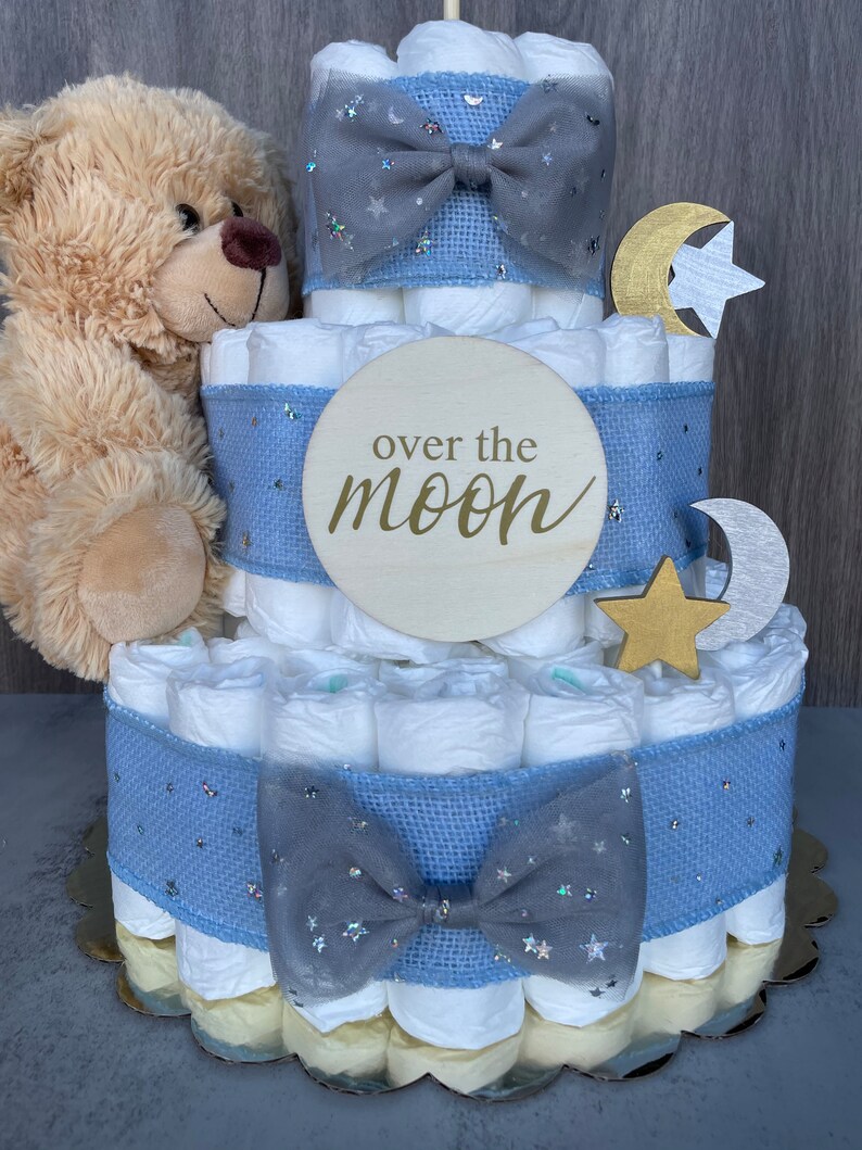 Teddy Bear Diaper Cake Moon and Stars Diaper Cake Blue Etsy