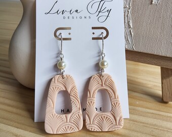 Polymer Clay earrings beige with Art Deco imprinted design, Handmade, Polymer earrings, Handmade jewellery, Earrings, Australian made