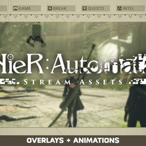 Peut inclure: Une illustration numérique du jeu vidéo Nier: Automata avec le texte "STREAM ASSETS" et "OVERLAYS + ANIMATIONS" en dessous. L'image est une capture d'écran floue du jeu.