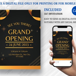 Grootse opening: Save the Date-kaart, bewerkbaar klein visitekaartje, digitale download lanceringsfeest, lint doorknippen, opening nieuwe onderneming