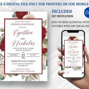 Puede incluir: Una invitación de aniversario de boda de 5x7 pulgadas con un diseño floral con rosas rojas y blancas. La invitación es para Cynthia y Nicholas e incluye la fecha, la hora y el lugar del evento. El texto "RSVP by May 30th to Brainjotter at 123 4567 890" está incluido en la parte inferior de la invitación.