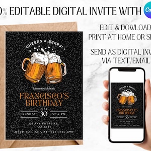Editable Beer Surprise Birthday Party Invitation, Digital 30th Invite, 40th, 50th Adult Birthday Invite, Cheers and Beers Men Invitation DIY