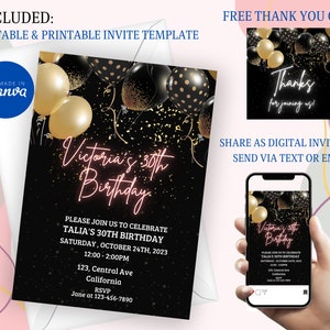 1st to 101st Birthday Party Invite, Gold glitter Digital Birthday Invitation, DIY Birthday Invite Template, Electronic Birthday Invitation