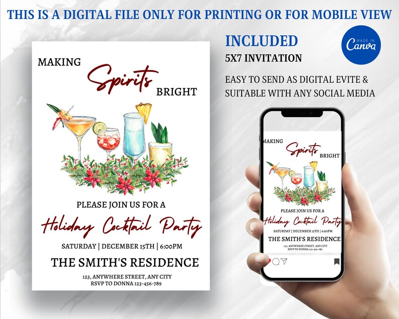 DIY Christmas Cocktail Party Invitation for Holiday, Holiday Cocktail Invitation, Cocktail Party