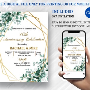 1st to 90th Anniversary Invitation, Greenery Wedding Anniversary Invite, Green and Gold Eucalyptus Invitation, Digital Anniversary Invites