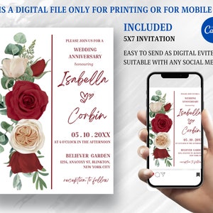 May include: A digital wedding anniversary invitation with a red, white, and green floral design. The invitation features the names "Isabella" and "Corbin" and the date "05.10.20XX". The text "Please join us for a wedding anniversary honoring" is at the top of the invitation. The text "Believer Garden, 1234, Anacoxy St, Blinkton, New York City" is at the bottom of the invitation.