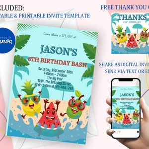 1st to 101st Splish Splash Water Birthday Party Invitation, Girly Splash Summer Birthday Party Invite,  Water Slide Pool Party Invitation,