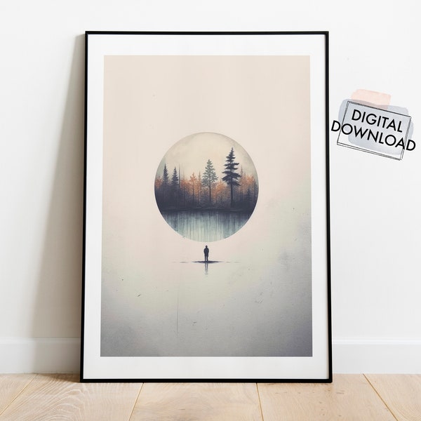 Mysterious Forest Man standing Circle Round Abstract Poster Wood Print Creepy Weird Trees Nature Melancholic Magical Mystic Sad Dark Blue