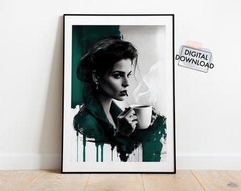 Woman drinking Coffee Print Coffee Lover Art Print Kitchen Wall Art Coffee Poster Green Feminist Print Coffee Shop Decor Dining Room Prints