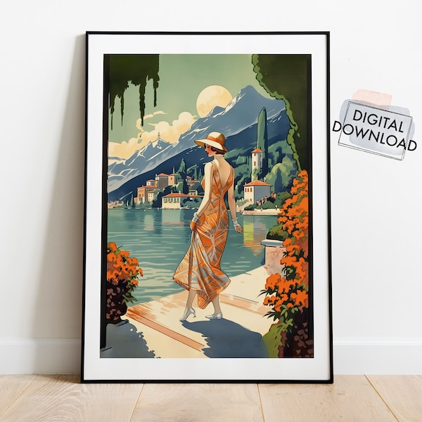 Art Deco Wall Print Woman Lake Print Art Deco Style 1920 Print Lake Como Printable Gift Idea Women Art Prints Vintage Poster Fashion Gatsby