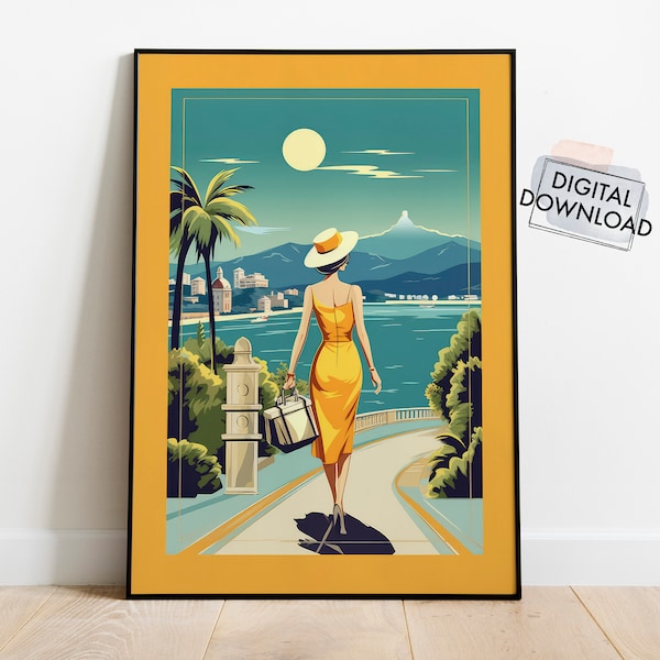 Retro Vintage Woman Travel Tourism Poster Nouveau Art Deco Mediterranean Summer Sea Beach Wanderlust Holiday Vacation 1020's Print 1930's