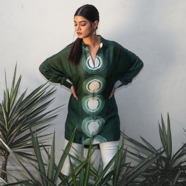 Shibori Silk Tunic Dress with Pockets in Dark Green Tie and Dye | Handmade Sustainable Clothing Gift for Her