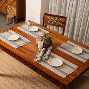 Handmade Natural Grass Dining Table Mats | Dinner Placemats For Dining Table | Heat Resistant | 12x18 inches (Set of 4/6, Blue & Off white)
