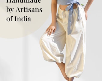 Sarouel avec poches fait main en coton bio - Pantalon de yoga confortable pour femme - Cadeau pour les amateurs de yoga