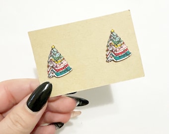 Book Christmas Tree Stud Earrings: Book Lover Gift