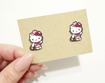 Pink kawaii kitty cowgirl stud earrings