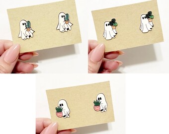 Spooky ghost with plants stud earrings
