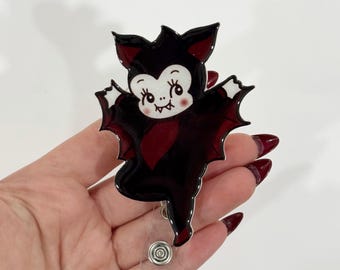 Dark red Kewpie Baby Bat badge reel: Spooky Halloween Style