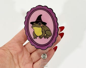 Witchy Frog Badge Reel: Whimsical Halloween Style ID Holder
