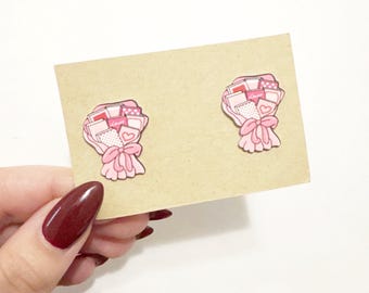Pink book bouquet stud earrings, romance reader gifts, bookish earrings