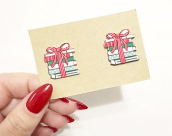 Christmas Book Stack Stud Earrings: Stainless Steel Posts