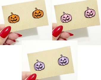 Jack O Lantern Stud Earrings: Stainless Steel Halloween Pumpkin Studs