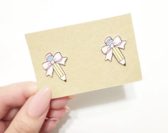 Pencil Stud Earrings: Pink Bow, Stainless Steel Posts