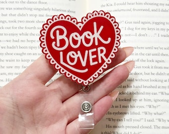 Book Lover Heart Retractable Badge Reel, Reader Gift