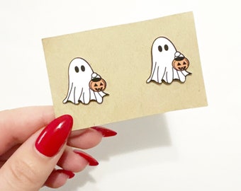 Spooky Ghost Stud Earrings, Stainless Steel, Halloween Jewelry