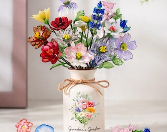 Glass Birth Flower Bouquet Personalized Vase, Mothers Day Gift For Mom, Crafted Glass Flower, Mom Birthday Gift, Grandma Garden Flower Vase