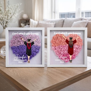 May include: Two framed graduation art pieces. Each features a heart-shaped floral arrangement in shades of pink and purple, with a graduate illustration. Text includes "A sweet ending to a new beginning", names, and graduation years.
