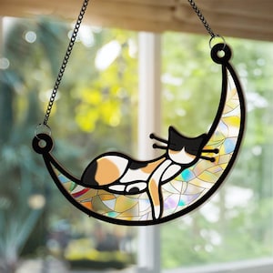Personalized Cat Suncatcher: Sleeping Cat on Moon, Memorial Gift