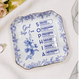 God Says I Am Custom Name Jewelry Dish, Bible Verse Toile De Jouy Ring Dish, Daughter Personalized Trinket Dish Gift, Christian Gift For Her